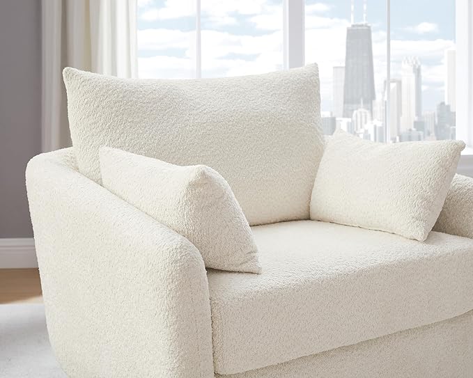 360° Swivel Accent Armchair, 39.3" Oversized, Sherpa Boucle Fabric Sofa Chair with Removable Back & Arm Pillows, Swivel Chair with Cozy Soft Padded, No Assembly Required (1, Cream White)-CasaMuseHome