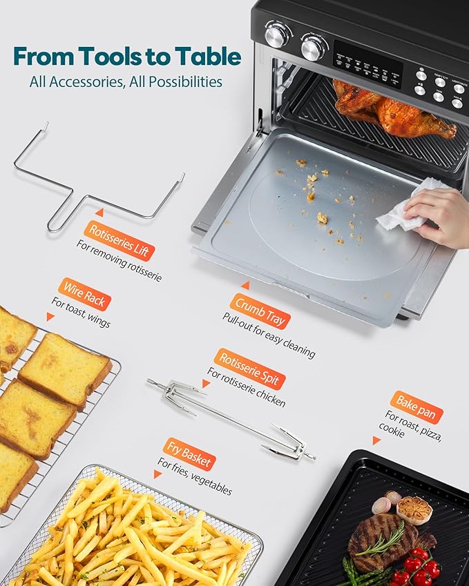 28QT Air Fryer Toaster Oven Combo, Large 12-in-1 Convection Countertop Oven with Next-Gen HeatWave Convection, 3-Layer Cooking, Rotisserie for Chicken, Fits 11" Pizza, Full Accessories, Sparkle Black-CasaMuseHome