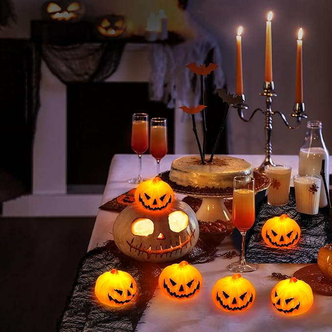 6 Pack Halloween Pumpkin Flameless Candles Battery Operated LED Tealight Candles for Home Room Decorations, Light Up Halloween Decorations Indoor for Table Party Office Fireplace-CasaMuseHome