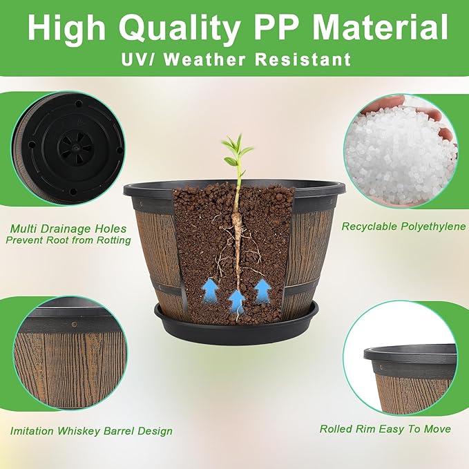 16-inch-Plant-Pots-Indoor-Outdoor, 4 Pack Large Whiskey Barrel Planters with Drainage Holes & Saucer, Plastic Flower Pots Imitation Wine Barrel Design, Decorative Garden Pots for Plants-CasaMuseHome