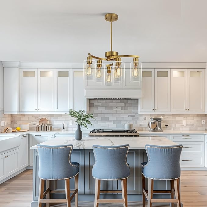 6-Light Gold Chandeliers for Dining Room, Modern Kitchen Island Light Fixtures Over Table, Metal Hanging Pendant Lighting for Living Room Stairwell Entryway Bedroom, Clear Glass Shade-CasaMuseHome