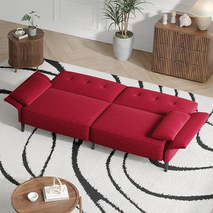 89” Futon Sofa Bed, Linen Comfy Futon Couch Bed with 2 Square Pillows, Convertible Sleeper Sofa with Adjustable Backrest& Armrests, Modern Loveseat Sleeper for Living Room, Bedroom, Red-CasaMuseHome
