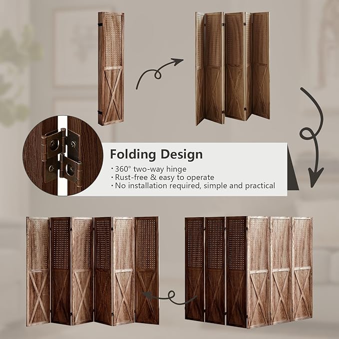 6 Panel Pegboard Room Divider, 5.6Ft Pegboard Display Folding Privacy Screens, Wood Room Divider Peg Board Display Freestanding for Trade Show Craft Show Home Wall Organizer, Brown-CasaMuseHome