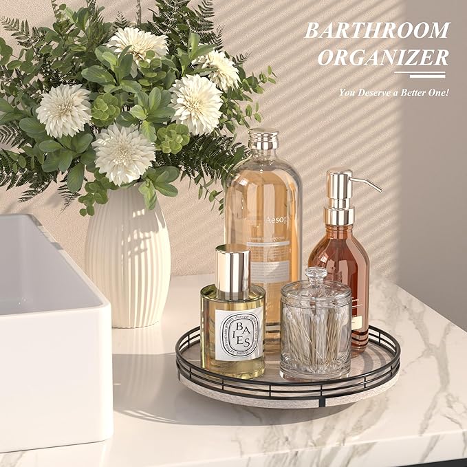 10" Oak Bathroom Vanity Tray Turntable for Perfume Candle, Round Wooden Decorative Tray for Kitchen Sink Countertop Organizer, Bathroom Counter Organizer for Skincare Makeup, Rustic White-CasaMuseHome