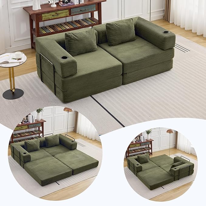 78" W Loveseat Sofa, 4 in 1 Convertible Floor Sofa Bed, Boneless Cloud Couch with Cup Holder, Fold Out Floor Couch, Loveseat Recliner Sleeper for Living Room Bedroom Lounge(Corduroy, White)-CasaMuseHome