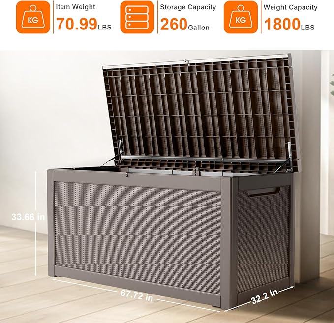 260 Gallon Resin Deck Box, Lockable Patio Outdoor Storage Box for Furniture, Garden Tools and Tools Storage, Waterproof Outside Storage Boxes - Grey-CasaMuseHome