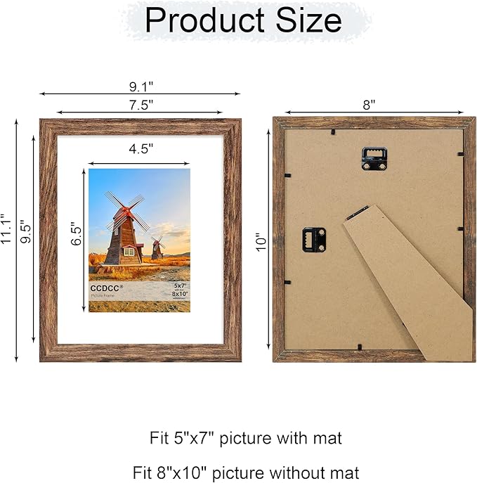 8x10 Picture Frame Set of 4, 8 x 10 Wood Photo Frames with Mat for 5x7, Natural Wooden Frame with Real Glass Cover for Wall and Tabletop Display,Rustic Brown-CasaMuseHome