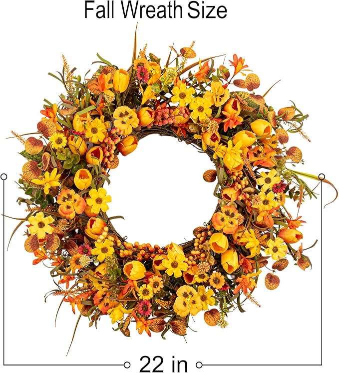22 Inches Fall Wreaths for Front Door Rustic Autumn Wreath Farmhouse Fall Floral Wreaths with Tulips Orange Wildflowers for Wall Window Porch Indoor Outside-CasaMuseHome