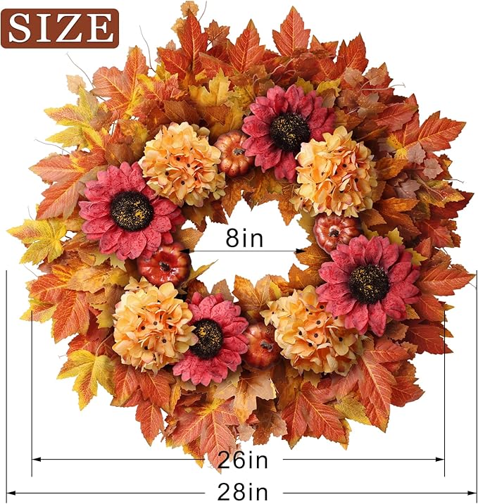 28'' Large Fall Wreath for Front Door, Porch, Window- Artificial Maple Leaves Faux Sunflower Hydrangea Pumpkins Outdoor Autumn Wreath for Home, Farmhouse Wall Thanksgiving Day Harvest Festival Decor-CasaMuseHome