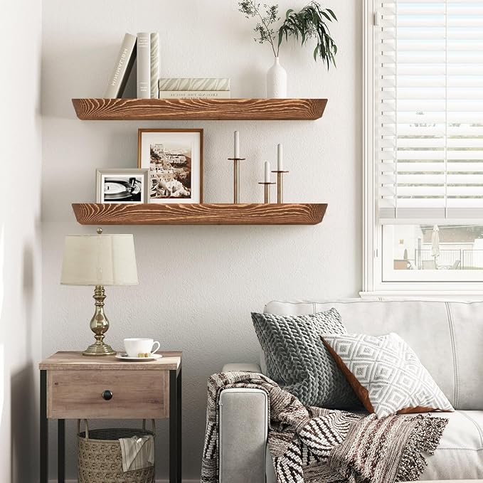 24"x6.8"x1.6" Slanted Floating Wall Shelves 2-Pack - Rustic Brown Finish, Heavy-Duty Solid Wood Design with Hidden Brackets - Perfect for Living Room, Kitchen, Bathroom, or Office-CasaMuseHome