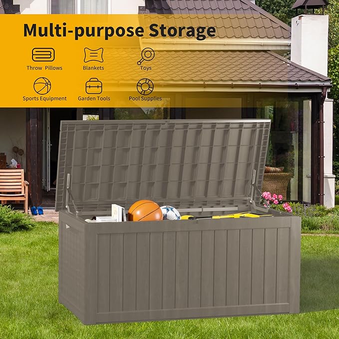 270 Gallon Lockable Resin Deck Box, Waterproof & UV-Resistant Outdoor Storage Box for Outdoor Cushion Storage, Garden Tools & Pool Accessories Storage, Gray-CasaMuseHome