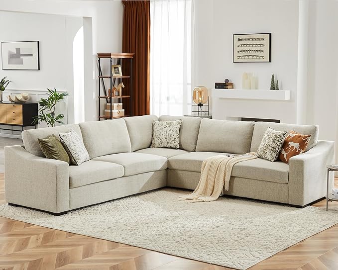 112" L Shaped Sectional Sofa with Detachable Sofa Cover, Reversible Sectional Modular Couch for Living Room, Linen Fabric Corner Couch with 7 Seats, Oatmeal-CasaMuseHome