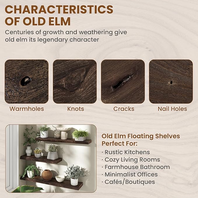 55" Floating Shelves, Live Edge Elm Wood Floating Shelf for Wall, Wall-Mounted Display Shelves with Invisible Heavy-Duty Bracket, Long Floating Shelf for Bathroom, Kitchen, Living Room, Walnut Color-CasaMuseHome