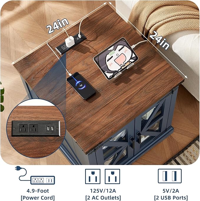 24" End Table with Charging Station, Farmhouse Night Stand with Glass Barn Door, White Nightstands with Adjustable Storage Shelf, Large Wood Square Bed Side Table for Living Room,Bedroom-CasaMuseHome