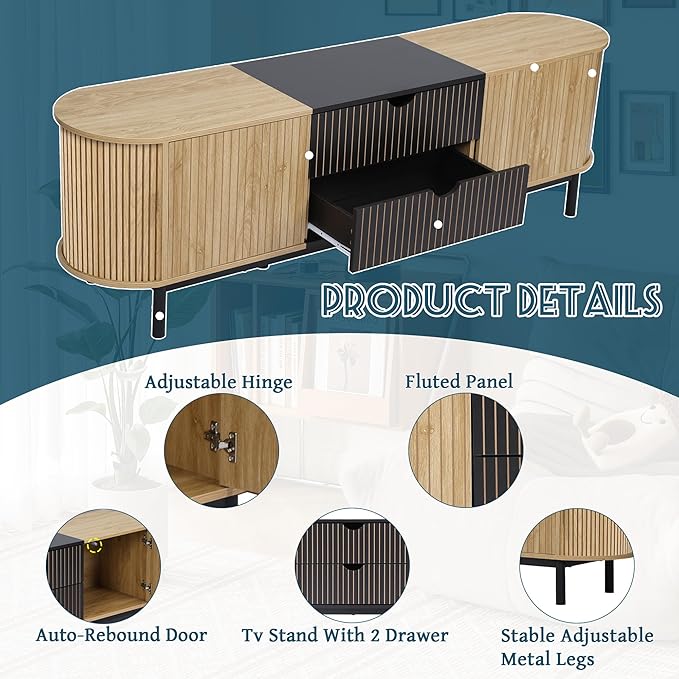 71" Tambour Door TV Stand,Wood Mid Century Modern TV Cabinet for Up to 85“ TV,Curved Edge Long TV Stand with Storage for Bedroom Living Room(Natural, 71inch)-CasaMuseHome