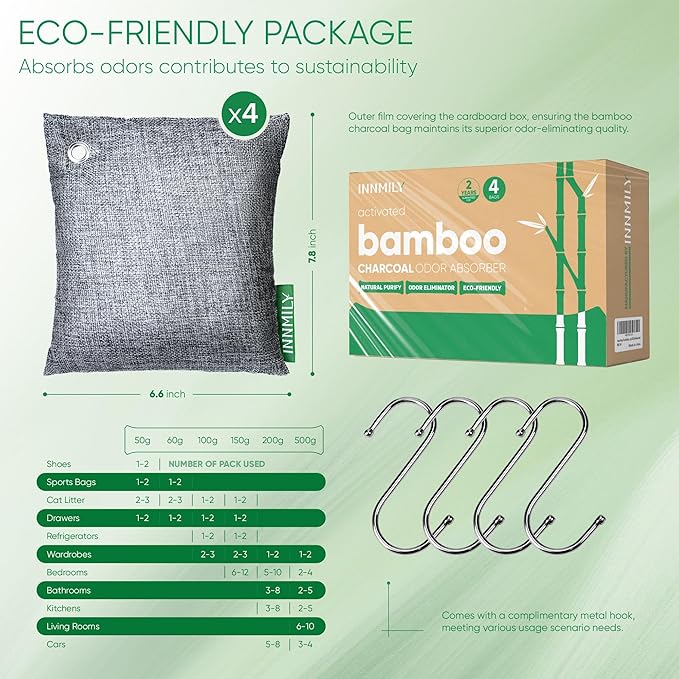 Activated Charcoal Odor Absorber, Odor Eliminator for Strong Odor,Bamboo Charcoal Air Purifying Bags for Home Car Closet Pet, Smoke Room Deodorizer (4 x 500g Large, Unscented)-CasaMuseHome