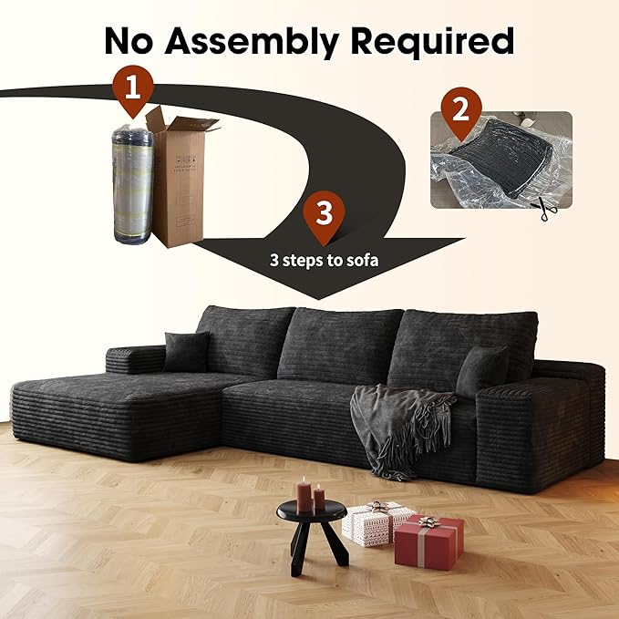 108" Sectional Couches for Living Room Modern Modular Sofa with L-Shape Couchs Upholstered Boneless Couch Deep Seat Sectional Couch with Chaise (Black, Left Facing Chaise+2Seaters)-CasaMuseHome