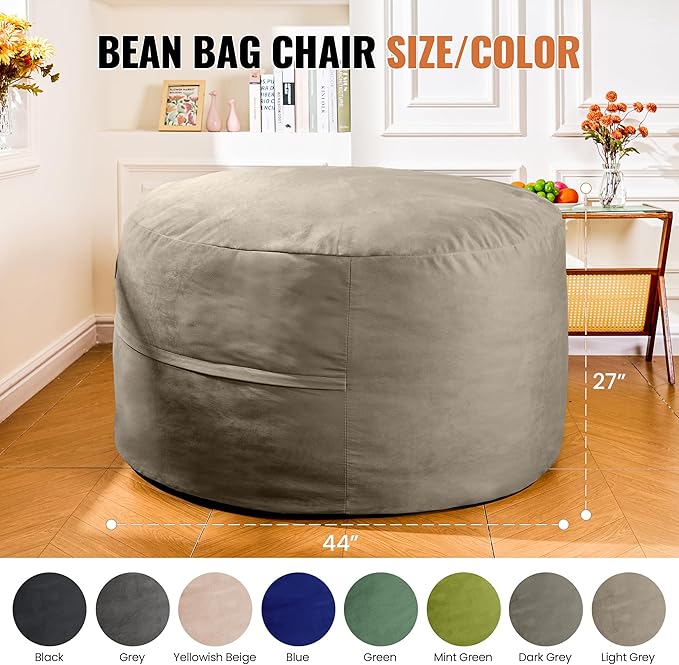 4FT Bean Bag Chair: Bean Bag with Velvet Cover, Fluffy and Comfy Bean Bag Chairs for Adults and Kids, Bean Bag Sofa Filled with High-Density Sponge for Gaming (Light Grey)-CasaMuseHome