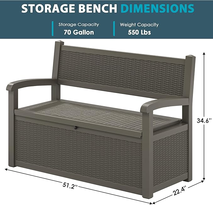 70 Gallon Storage Bench Deck Box for Patio Furniture with Armrest Bench Outdoor Storage-CasaMuseHome