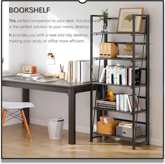 4NM No Assembly Foldable Bookshelf, 5-Shelf Collapsible Bookcase Storage for Small Spaces, 62.2" H, All Black-CasaMuseHome