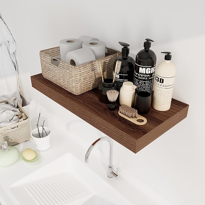 12 Inch Deep Floating Shelves, 24 x 12 Floating Shelf for Books, Rustic Wood Deep Wall Shelves for Home Storage & Display, 2" Thicked Shelves for Kitchen, Living Room, Bedroom, Walnut Color, 1 Pack-CasaMuseHome