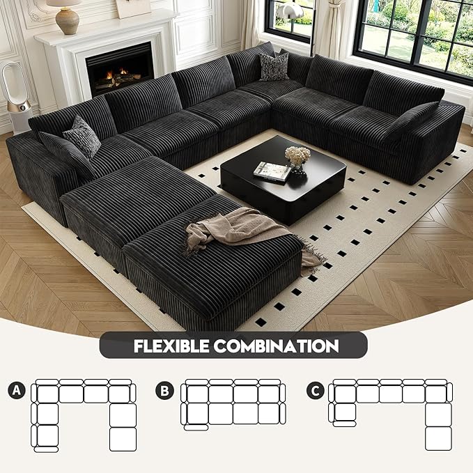 157.5" Cloud Couch Oversized Modular Sectional Sofa for Living Room,Modern Sofa with Deep Seat，8 Seater Boneless Couch with 2 Ottoman,Comfy Upholstered Couches for Apartment, Studio, Office,Black-CasaMuseHome