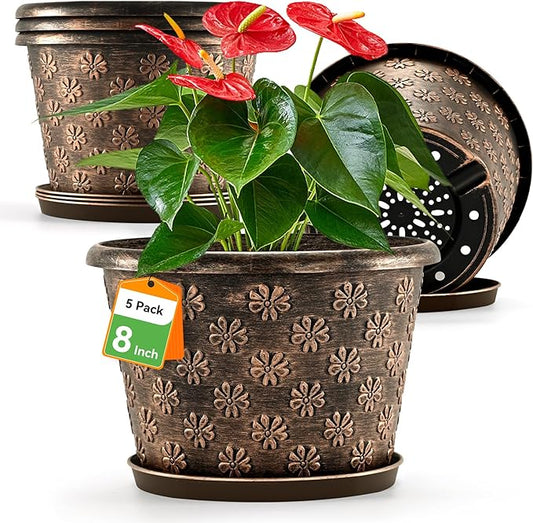 8 Inch Planter Pots for Plants, Plastic Flower Pots Indoor Outdoor, 5 Pack Resin Plant Pot with Drainage & Saucer, Retro Decorative Garden Pot with Removable Trays for House-CasaMuseHome