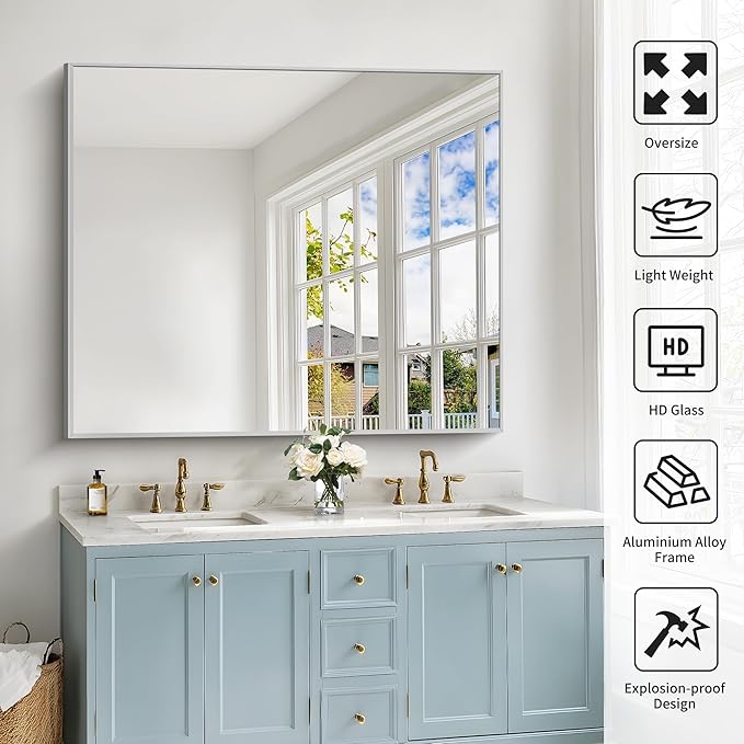 40x48inch Silver Bathroom Mirror, Silver Rectangle Mirror with Frame, Large Rectangular Wall Mirrors for Bathroom, Living Room, Hair Salon, Big Farmhouse Mirror Hang Horizontal/Vertical-CasaMuseHome