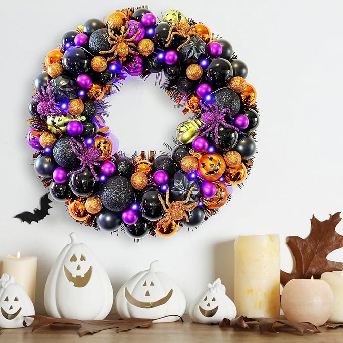 17 Inch Halloween Ball Wreath for Front Door with Lights, Lighted Cute Treat-or-Trick Door Wreath Ball Ornament for Halloween Indoor Decorations Centerpiece Party Holiday Wall Home Decor-CasaMuseHome