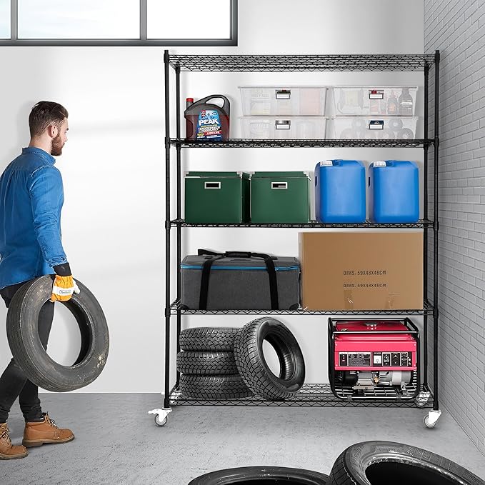 5 Tier Wire Shelf Shelving Unit, 60"x 24"x82" Metal Storage Shelves, Heavy Duty Garage Storage Shelves with Wheels, Chrome 3000LBS Capacity Wire Shelf Rack for Restaurant, Garage, Pantry, Kitchen-CasaMuseHome