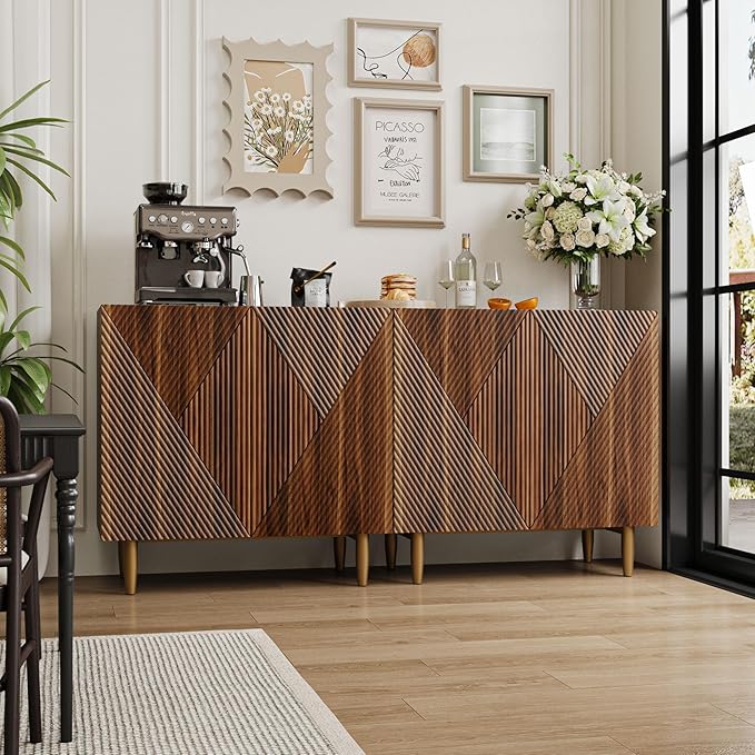 65 Inch Fluted TV Stand, Mid Century Modern Entertainment Center with Storage Cabinets & Adjustable Shelves, Media Console TV Credenza for Living Room, Dining Room, Hallway, Walnut-CasaMuseHome