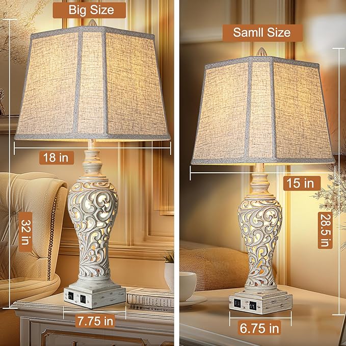 32" Tall Table Lamps Set of 2 - Bedside Lamp with Fabric Shades - for Bedroom and Living Room with USB and Nightlight - Perfect for Nightstands and Bedrooms - Bulbs Included-CasaMuseHome
