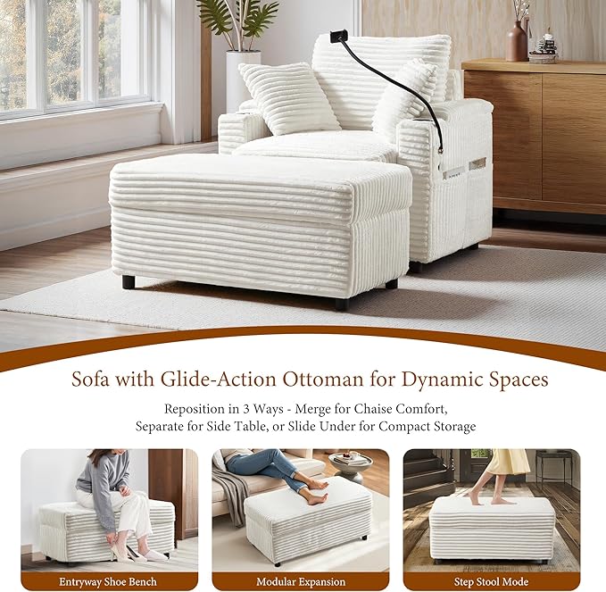 Accent Chair with Storage Ottoman Upholstered Living Room Chairs for Reading Chair with Chaise Lounge Chairs Indoor, Comfortable Armchair for Bedroom-CasaMuseHome