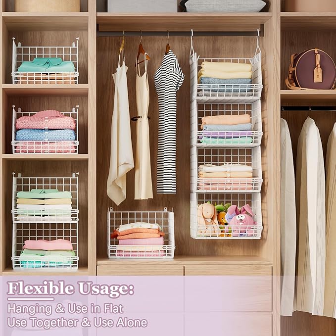 5 Tier Closet Hanging Organizer, Clothes Hanging Shelves with 4 Hanging Hooks 5 S Hooks, Wire Storage Basket Bins, for Clothing Sweaters Shoes Handbags Clutches Accessories Patent Design-White-CasaMuseHome