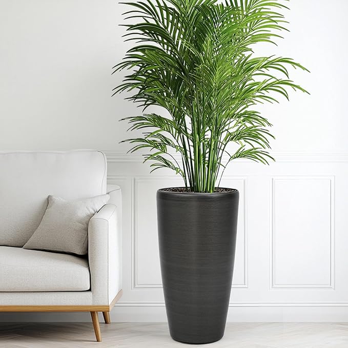 22.8" Resin Planters for Outdoor Plants, Set of 2 Modern Large Flower Pots with Handmade Brushed Metal Finish, Weather Resistant for Indoor/Outdoor Year-Round Use-CasaMuseHome