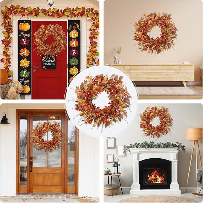 22 inch Artificial Fall Wreaths for Front Door,Autumn Wreath with Large red Berries and Fall Leaves Suitable for Indoor Outdoor Wall Porch Harvest Festival Thanksgiving Day Farmhouse Holiday Decor.-CasaMuseHome