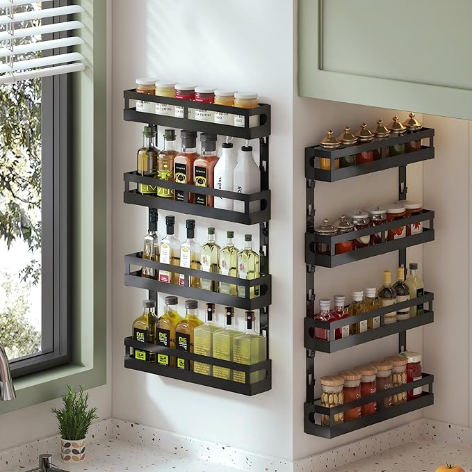 4-Tier Small Wall Mounted Spice Rack Organizer, Hanging Spice Shelf for Cabinet or Pantry, Height-Adjustable Seasoning Holder for Kitchen Storage, Black-CasaMuseHome
