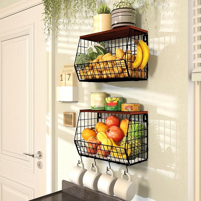 2pcs Fruit Basket Kitchen Storage Basket with Wood Lid, Stackable Wall Basket Fruit Basket for Kitchen, Countertop Organizer for Snack, Fruit and Veggie Storage, 11.8 x 7.9 x 8.5 Inch-CasaMuseHome