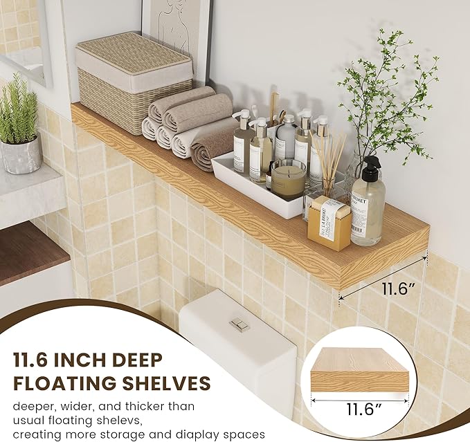 12 Inch Deep Floating Shelves for Wall, 48W x 12D Rustic Oak Wood Floating Shelves, Large Floating Shelves Set of 1 for Living Room Bathroom Laundry Room Bedroom Kitchen Home Office - Oak-CasaMuseHome