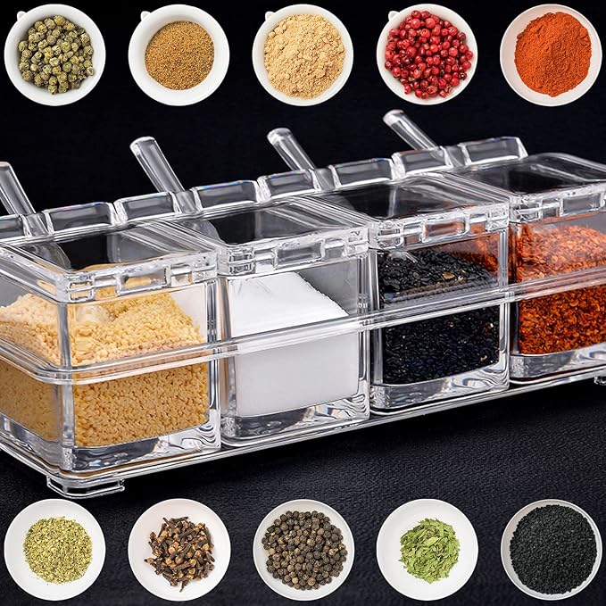 4 PCS Seasoning Box, Clear Spice Containers with Spoon, Acrylic Toppings Containers with Lids, Kitchen Multi Spice Box for Salt, Sugar, Pepper, Garlic Powder-CasaMuseHome