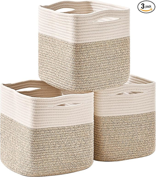 11 Inch Cube Storage Bins, Organizer Woven Cotton Rope Square Baskets for Organizing Shelves, Toys, Nursery, Off White & Brown (Pack of 3)-CasaMuseHome