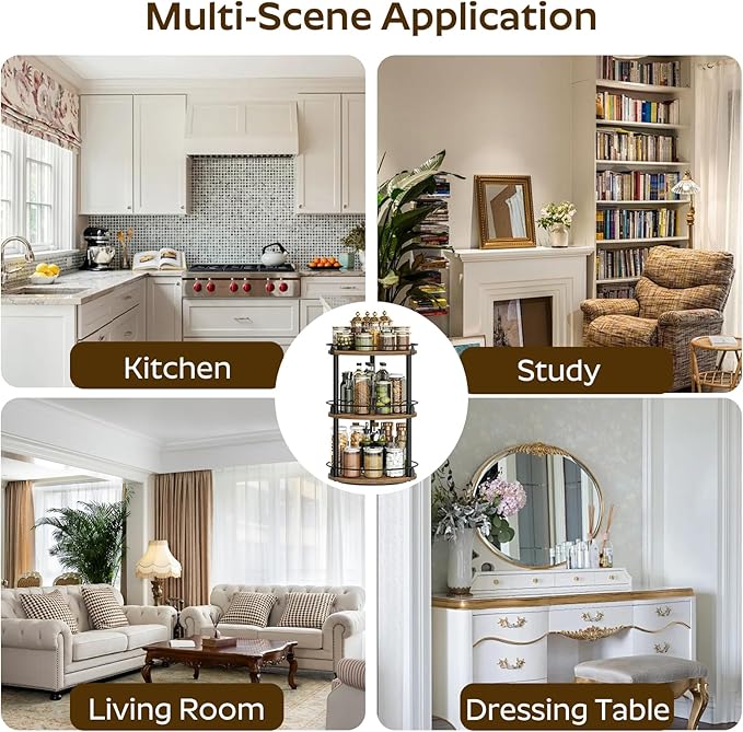 3-Tier Lazy Susan Organizer, Rotating Spice Rack, Spinning Organizer, Industrial Turntable Spice Rack Organizer for Cabinet, Kitchen Countertop, Pantry, Rustic Brown and Black SR23BR-CasaMuseHome