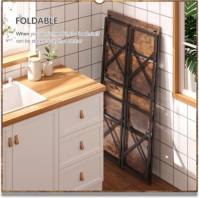 4NM 4 Tiers No Assembly Book Shelves, 41.3" H Folding Bookshelf Bookcase Open Industrial Foldable Shelves for Bedroom, Living Room, Home Office - Rustic Brown Black-CasaMuseHome