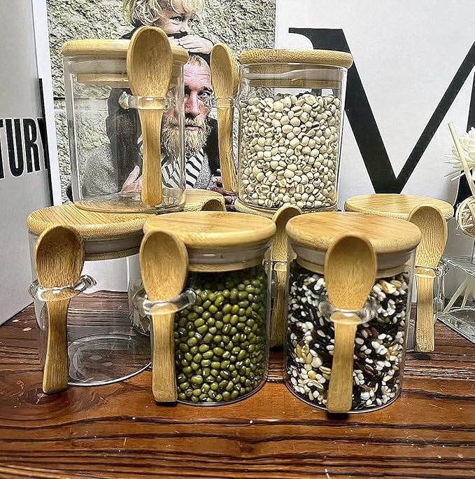 7.6 oz Airtight Mini Glass Jars with Bamboo Lids and Bamboo Spoons, Spice Jars Small Food Storage Containers for Kitchen, Bathroom, Home Decor Set of 8-CasaMuseHome
