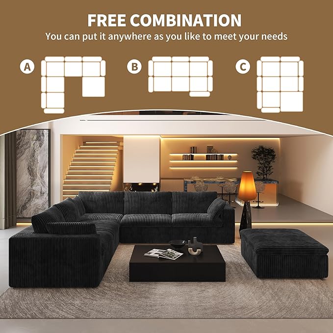 118" 6-Seater Cloud Sofa,Modular Sectional Couch with Ottoman,Modern Deep Seat Upholstered Couches with Corduroy Fabric for Living Room Furniture,Bedroom and Apartment,No Assembly Required,Black-CasaMuseHome