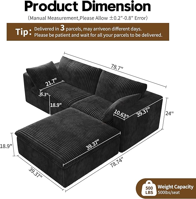 78.74" L Shaped Modern Sofa Modular Sectional Cloud Couch with Ottoman,Upholstered Couches with Plush Corduroy Fabric for Living Room Furniture,Bedroom and Apartment,No Assembly Required,Black-CasaMuseHome