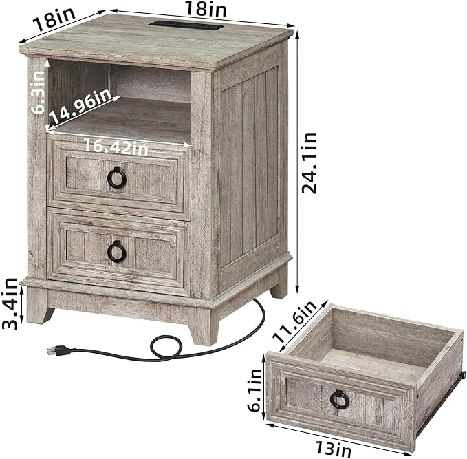 18" Farmhouse Night Stands Set of 2 with Charging Station, 2 Drawers End Table Dresser for Bedroom, Oak Wooden Nightstand, Bed Side Table with Open Shelf, Bedside Cabinet for Living Room-CasaMuseHome