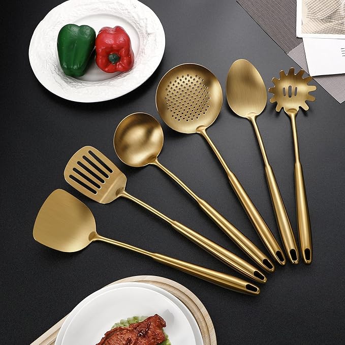 304 Stainless Steel Cooking Utensils,6 Pcs Kitchen Cooking Utensils Set with Spatula, Solid Spoon, Ladle, Skimmer, Spaghetti Spoon,Dishwasher Safe(Gold)-CasaMuseHome