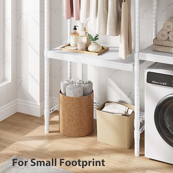 5-Tier Over-The-Washer Shelf - Adjustable 28" Laundry Organizer with 100lb Double Wood Shelves, Space-Saving Storage Unit for Small Homes (White)-CasaMuseHome