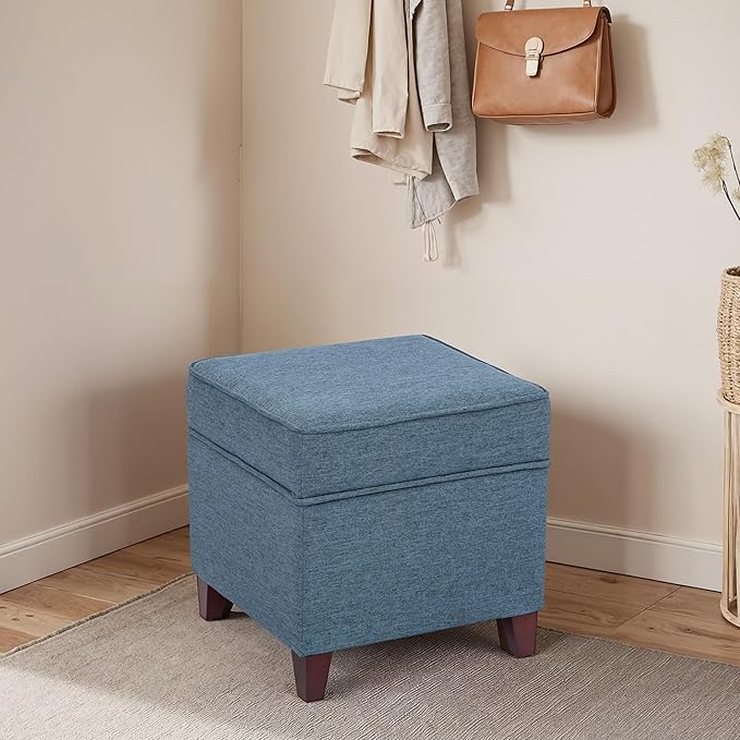Adeco 17" Square Ottoman with Storage, Small Blue Storage Ottoman Foot Rest with Hinged Lid & Solid Wood Legs, Linen Fabric Foot Stool for Living Room & Bedroom-CasaMuseHome